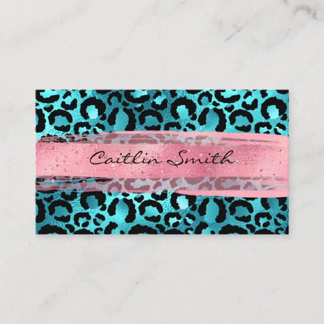 Carte De Visite Faux Aqua Blue Foil Léopard rose Brush Stroke (Devant)