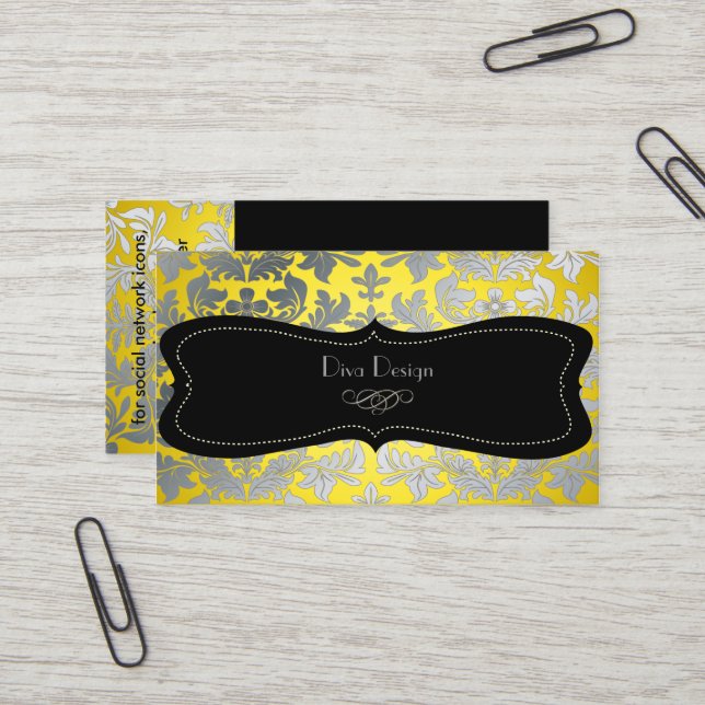 Carte De Visite Faux argent baroque damassé jaune/noir (Devant/Arrière en situation)