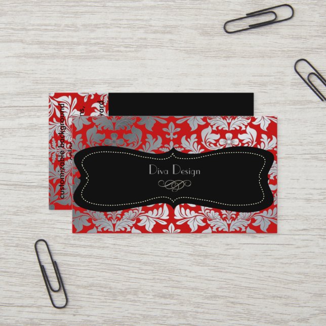 Carte De Visite Faux argent baroque damassé rouge/noir (Devant/Arrière en situation)