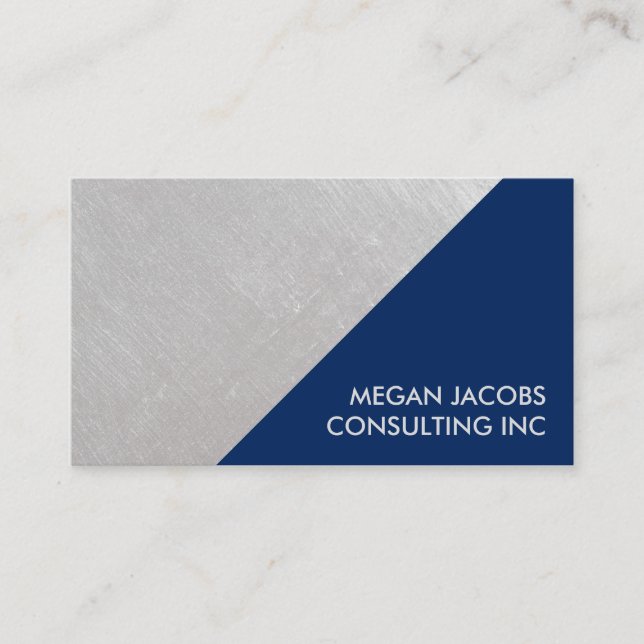 Carte De Visite Faux bleu nuit moderne brossé argent géométrique (Devant)