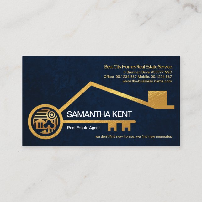 Carte De Visite Faux Gold Accueil Clé Bleu Grunge Texture Immobili (Devant)