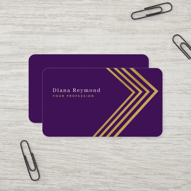 Carte De Visite Faux Gold Angle Stripes Moderne Violet (Devant/Arrière en situation)