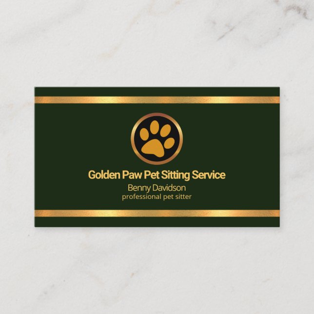 Carte De Visite Faux Gold Borders Emerald Green Pet Sitting (Devant)
