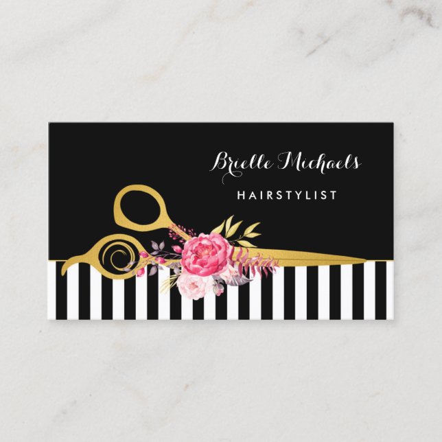 Carte De Visite Faux Gold Ciseaux Stripes Rose Floral Coiffeur Sal (Devant)
