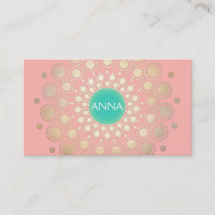 Carte De Visite Faux Gold Foil Circle Motif Rose et Turquoise