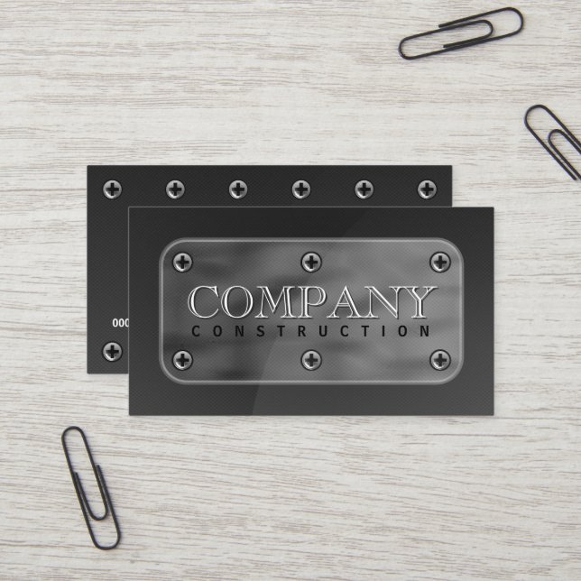 Carte De Visite Faux gris foncé en acier Plaque et vis métalliques (Devant/Arrière en situation)