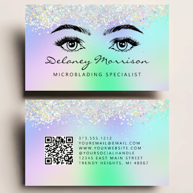 Carte De Visite Faux Holographic Glitter Eyes QR Code Microblading (Créateur téléchargé)