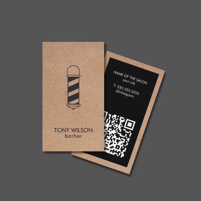 Carte De Visite Faux Kraft Black QR Code Barber Poteau Salon (Créateur téléchargé)