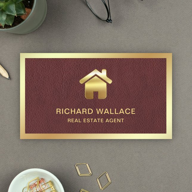 Carte De Visite Faux Leather Gold Foil Home Logo Agent immobilier (Créateur téléchargé)