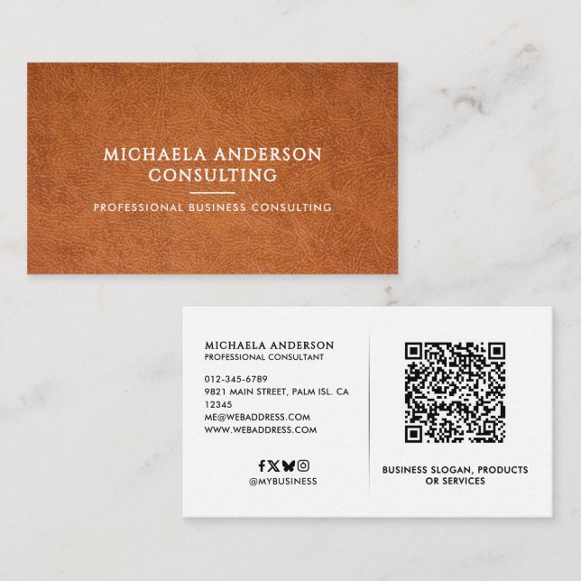 Carte De Visite Faux Leather Professional QR Code & Social Media (Devant / Derrière)