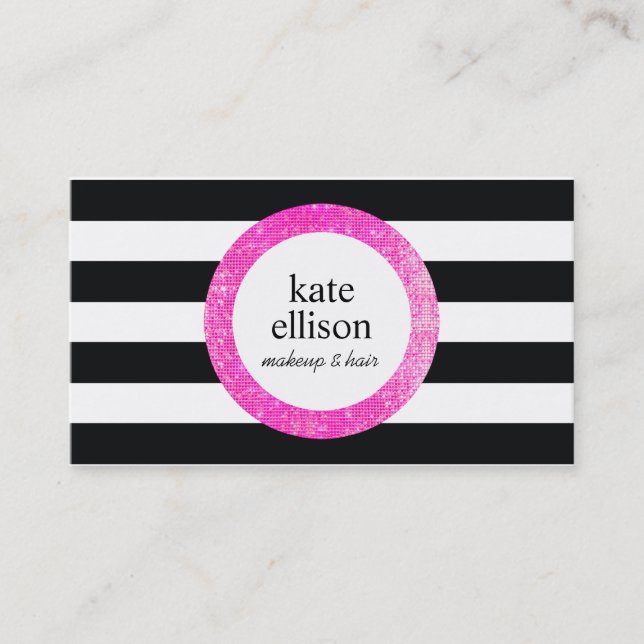 Carte De Visite Faux Pink Sequin Noir et Blanc Striped Beauté (Devant)