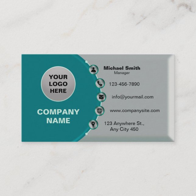 Carte De Visite Faux Silver Turquoise brillant Metally avec Icônes (Devant)