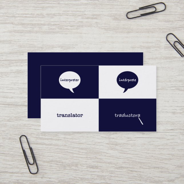 Carte De Visite Féminin anglais-espagnol d'interprète/traducteur (Devant/Arrière en situation)