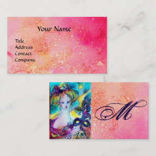 Carte De Visite FEMME AVEC FEATHEREE MASK MONOGRAM rose Fuchsia