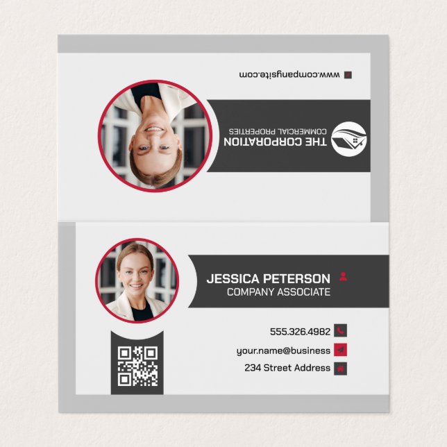 Carte De Visite Femme d'affaires souriante | Entreprise | Code QR (Extérieur déplié)