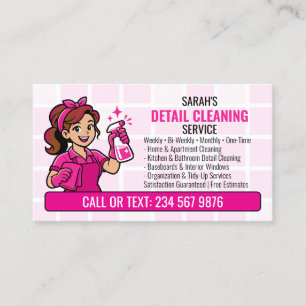 Carte De Visite Femme de ménage dessin animé QR avec détails roses