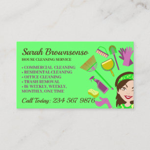 Carte De Visite Femme de ménage verte dessin animé nettoyage de la