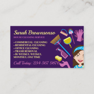 Carte De Visite Femme de Ménage Violet Bleu Dessin Animé Fille Net