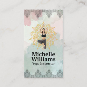 Carte De Visite Femme en posture de yoga   Motif mandala et paisle