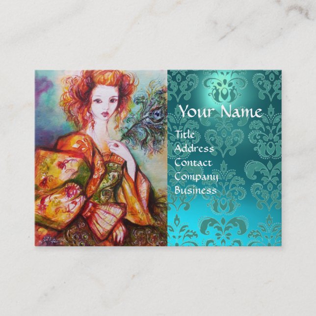 Carte De Visite FEMME ROMANTIQUE AVEC PEACOCK FEACOCK Blue Damask (Devant)