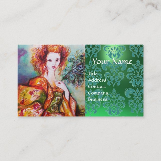 Carte De Visite FEMME ROMANTIQUE AVEC PEACOCK FEACOCK Green Damask (Devant)