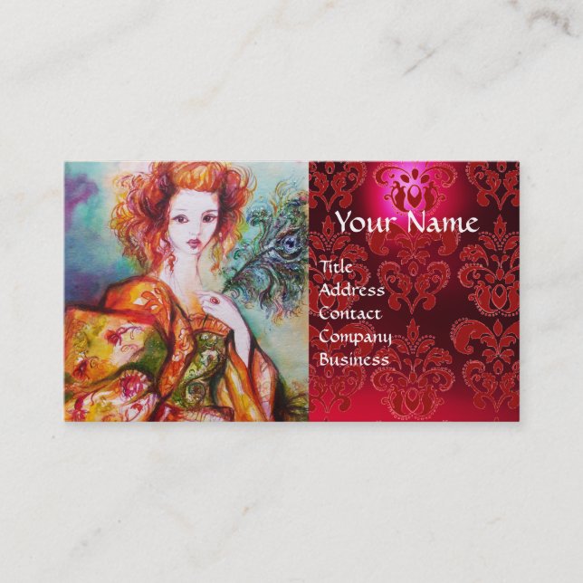 Carte De Visite FEMME ROMANTIQUE AVEC PEACOCK FEACOCK Rouge Damas (Devant)