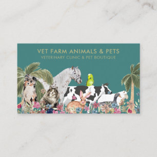 Carte De Visite Ferme d'animaux au palmier vert Chat Chien Oiseau