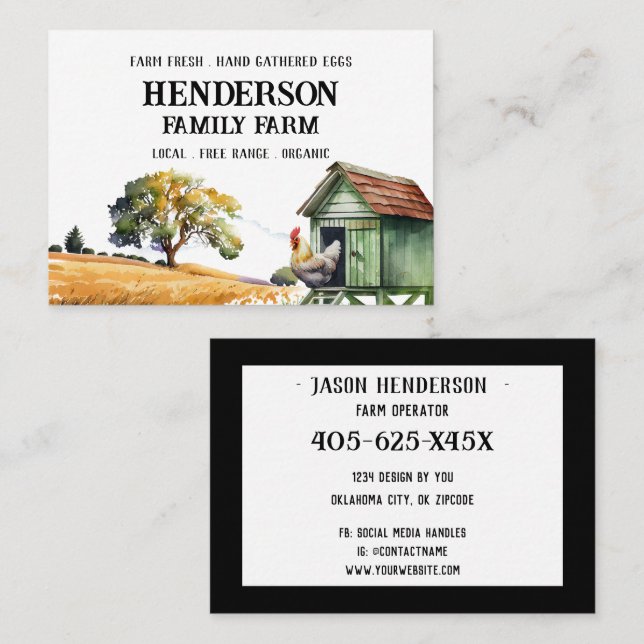 Carte De Visite Ferme de poulet aquarelle (Devant / Derrière)