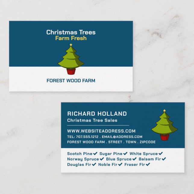 Carte De Visite Festif Fir Tree Design, ventes d'arbres de Noël (Devant / Derrière)