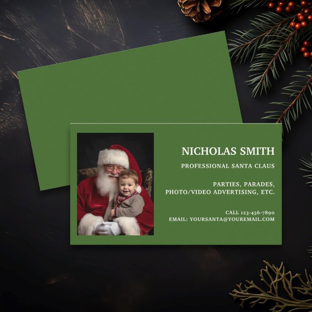 Carte De Visite Festive Green Professional Santa Claus Photo (Créateur téléchargé)