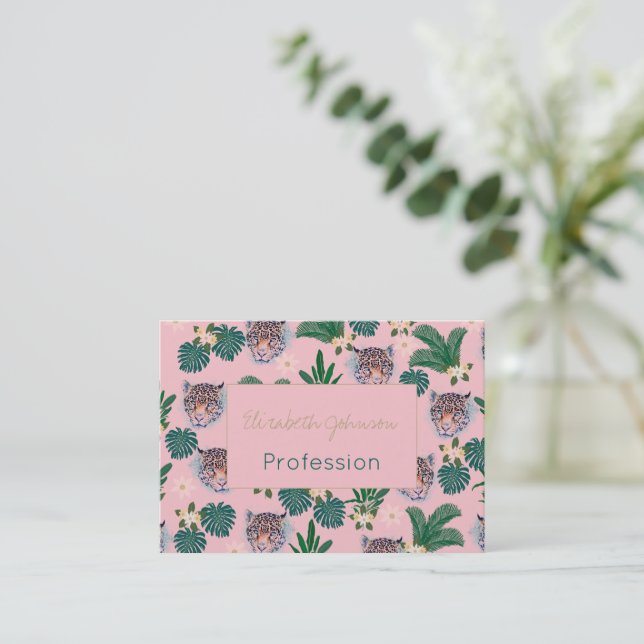 Carte De Visite Feuillage floral rose tropicale et visages léopard (Debout devant)