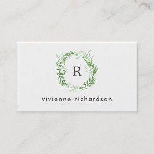 Carte De Visite Feuille botanique vert guirlande et monogramme