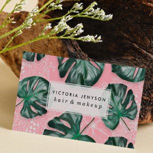 Carte De Visite Feuille de monstère verte moderne sur floral blanc
