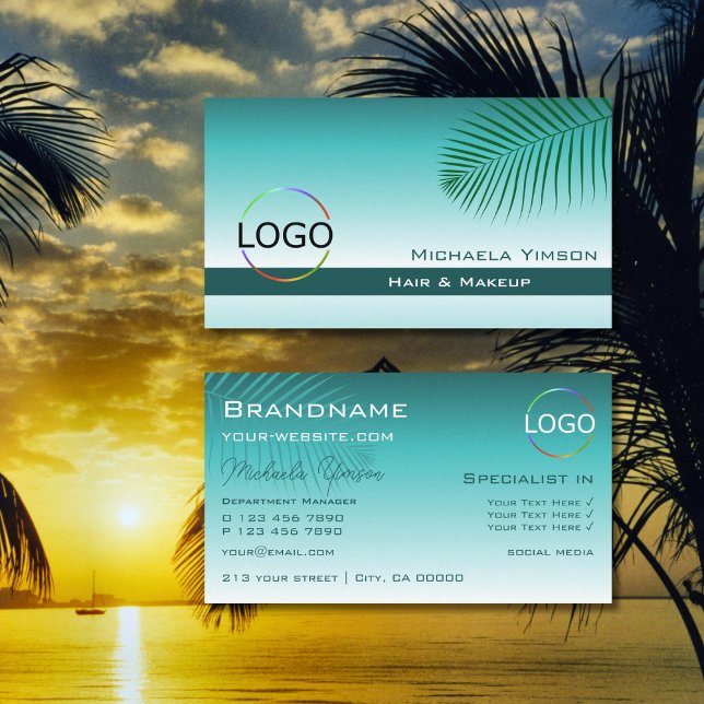 Carte De Visite Feuille de palme Turquoise Gradient avec logo mode (Créateur téléchargé)