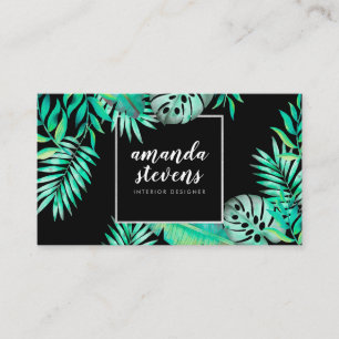 Carte De Visite Feuille vert tropical d'aquarelle argentée chic de