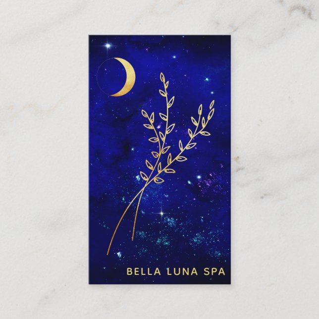 Carte De Visite *~* Feuilles de la lune de croissant d'or bleu (Devant)