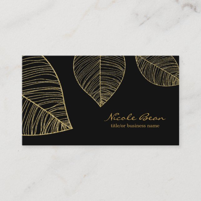 Carte De Visite Feuilles d'or sur Black Elegant Glam Professional (Devant)