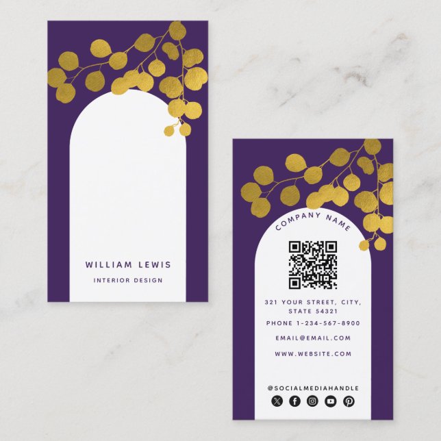 Carte De Visite Feuilles d'or violet Arch moderne QR Code (Devant / Derrière)