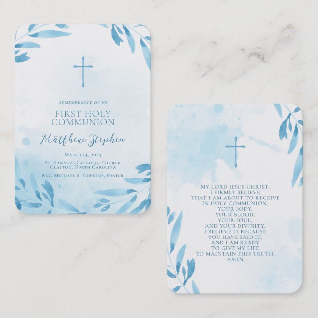 Carte De Visite Feuilles et croix de couleur bleu communion (Devant / Derrière)