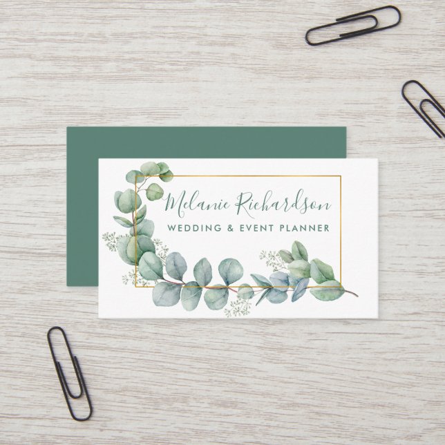 Carte De Visite Feuilles Eucalyptus de cadre Or Elégant (Devant/Arrière en situation)