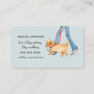 Carte De Visite Fille à pied chien bleu, chien marche