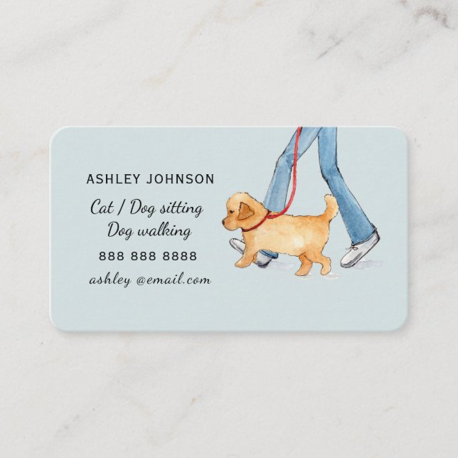Carte De Visite Fille à pied chien bleu, chien marche (Devant)