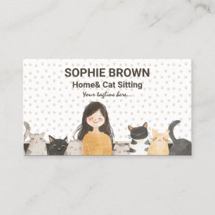 Carte De Visite Fille avec chatons Aquarelle Chat et assise à la m