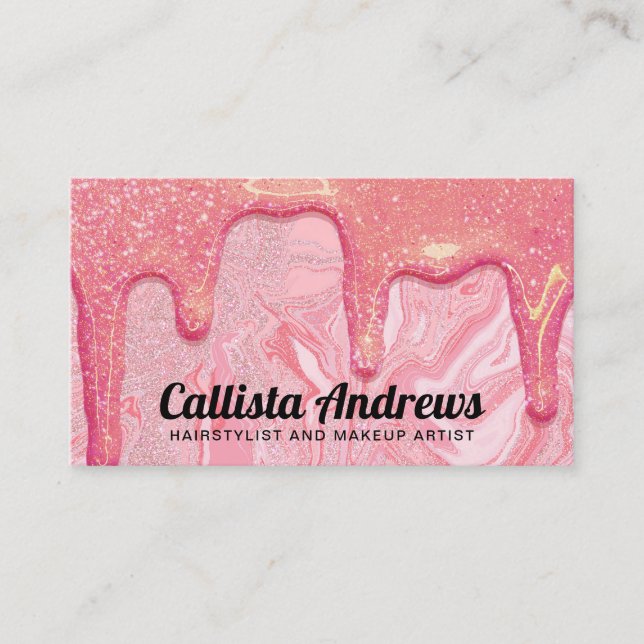Carte De Visite Fille Chic Parties scintillant rose gouttes de mar (Devant)