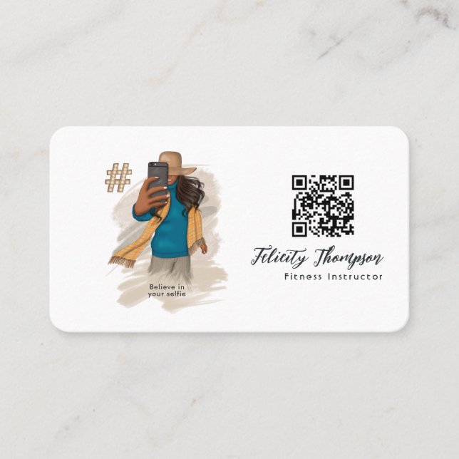 Carte De Visite Fille de selfie à la mode Code QR (Devant)