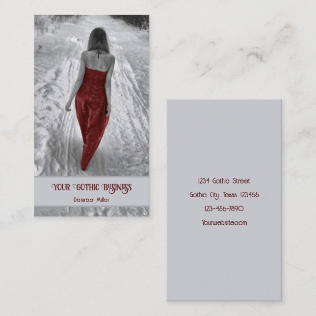 Carte De Visite Fille En Robe Rouge Hiver Gothique (Devant / Derrière)