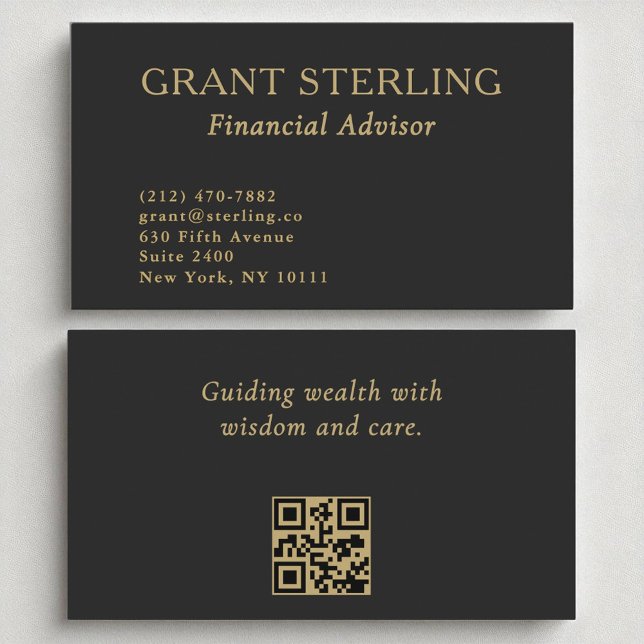 Carte De Visite Financial Advisor Code QR minimal Black Gold (Créateur téléchargé)