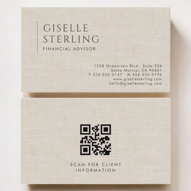 Carte De Visite Financial Advisor Luxury Neutral Linen QR Code (Créateur téléchargé)