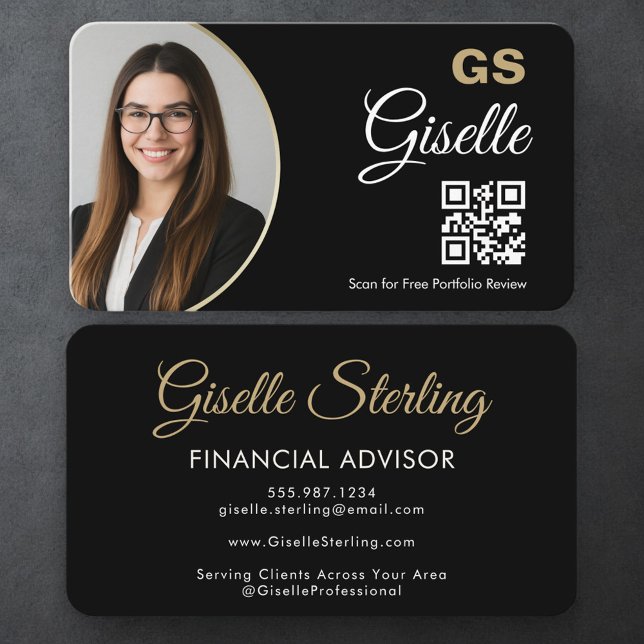 Carte De Visite Financial Agent QR Code Photo Black Gold (Créateur téléchargé)
