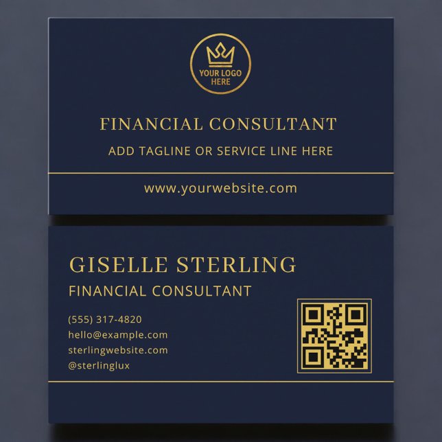 Carte De Visite Financial Consultant Blue Gold Logo QR Code (Créateur téléchargé)